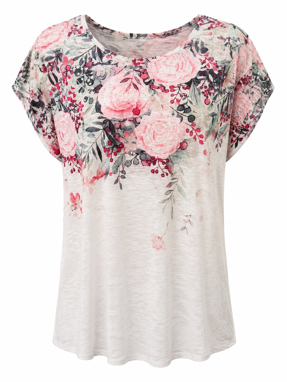 Time and Tru Cream Short Sleeve Scoop Neck Top with Pink Floral Yoke Accent